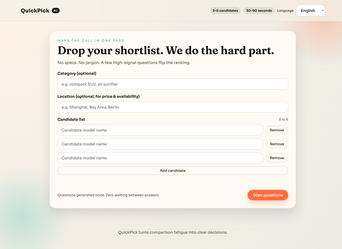 QuickPick interface showing a shortlist form and decision prompts.